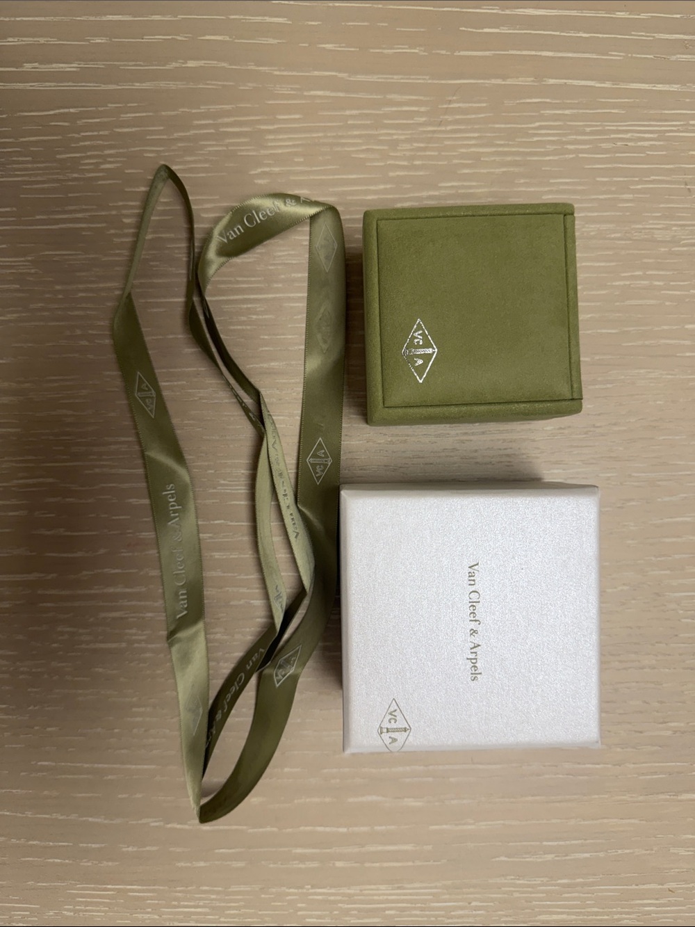 Van Cleef & Arpels Olive Green Jewelry Box and Ribbon Set
